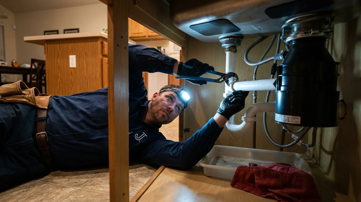 P-trap and supply line connections under a kitchen sink showing a common leak point in Miami, FL